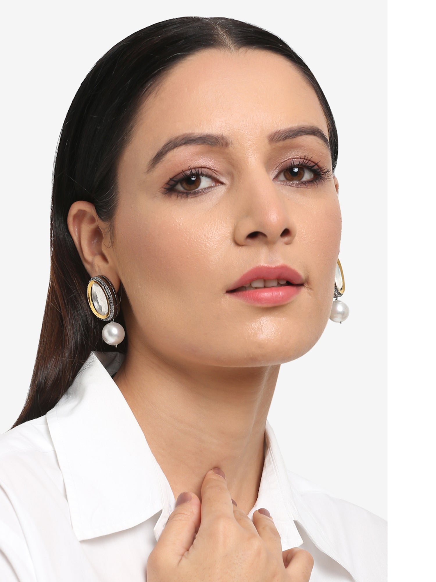 White Kundan Studded Drop Earrings - Ruby Raang - Distacart