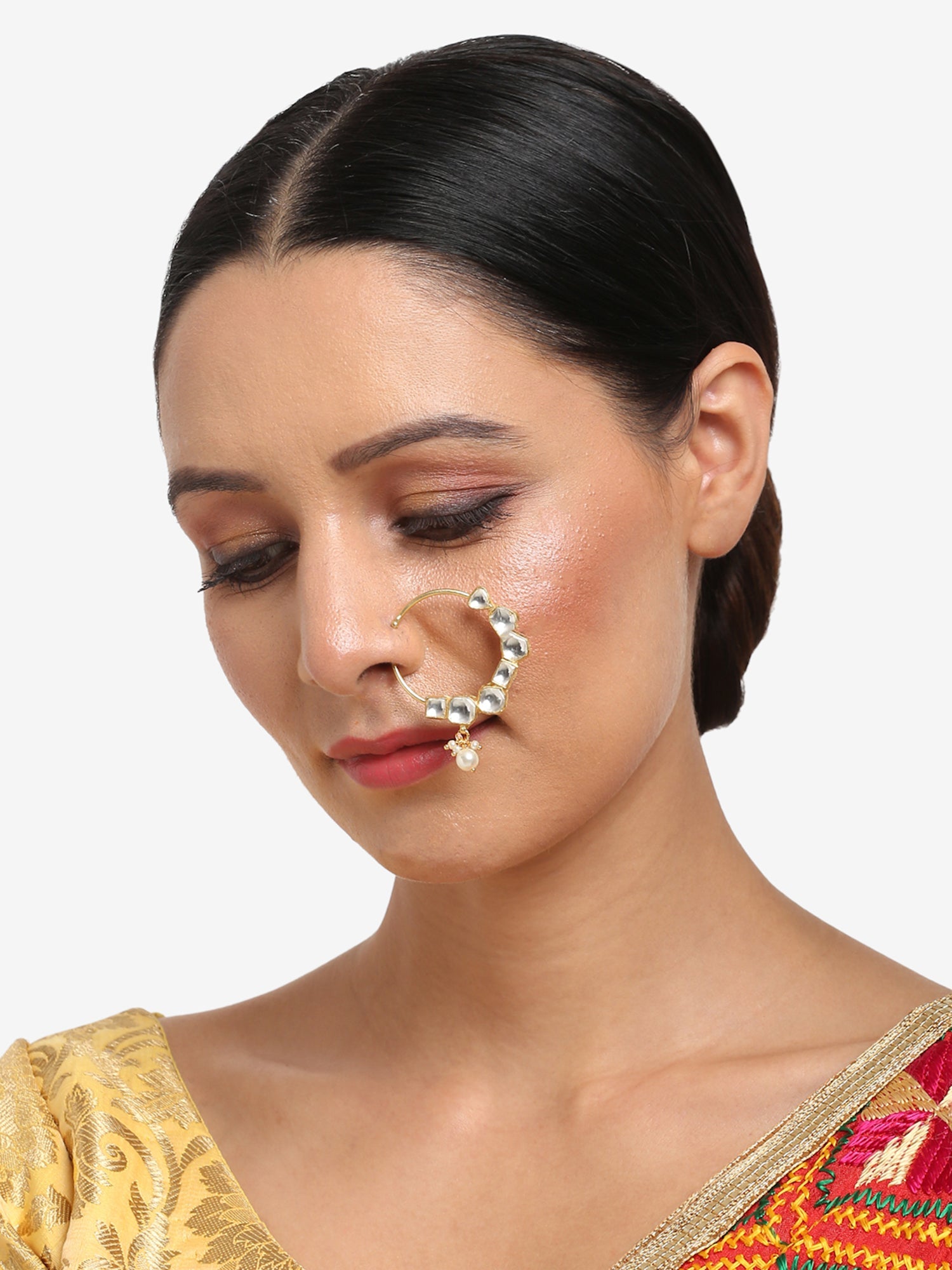 Gold-Plated White Kundan Studded Pearl Beaded Nose Pin - Ruby Raang - Distacart