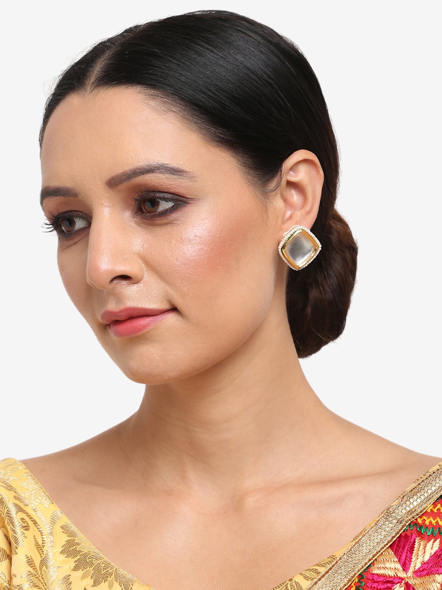 White Artificial Stone Beads Studded Contemporary Studs Earrings - Ruby Raang - Distacart