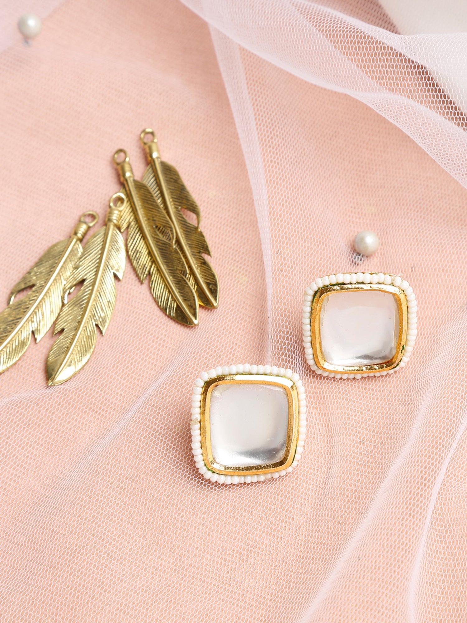 White Artificial Stone Beads Studded Contemporary Studs Earrings - Ruby Raang - Distacart