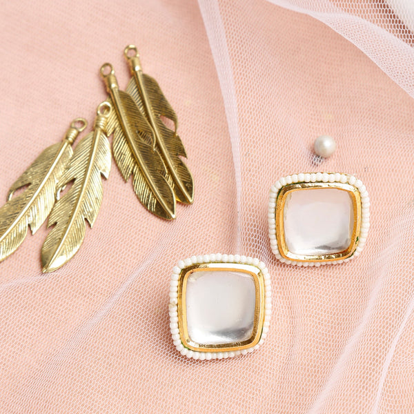 White Artificial Stone Beads Studded Contemporary Studs Earrings - Ruby Raang - Distacart