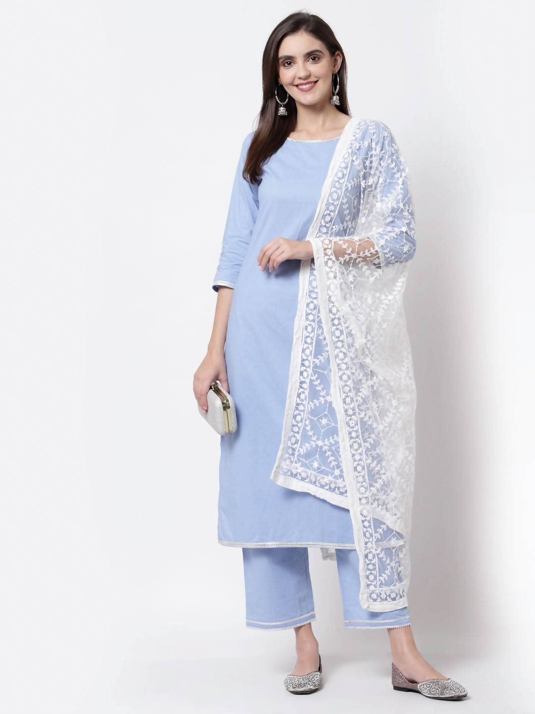 Myshka Blue Cotton 3/4 Sleeve Round Neck Solid Casual Kurta Pant Dupatta Set
