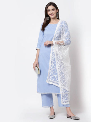 Myshka Blue Cotton 3/4 Sleeve Round Neck Solid Casual Kurta Pant Dupatta Set