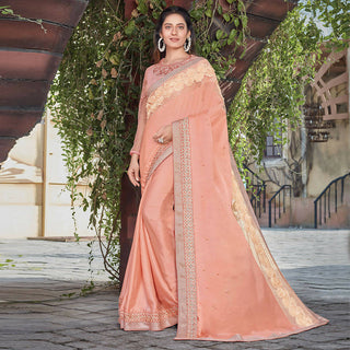 Peach Colored Satin Silk Embroidered Saree With Blouse - Norita Royal Adveka - Distacart