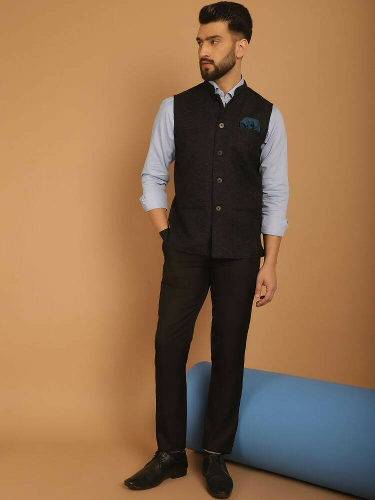 Even Apparels Pure Wool Nehru Jacket - Black - Distacart