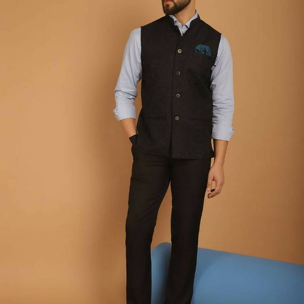 Even Apparels Pure Wool Nehru Jacket - Black - Distacart