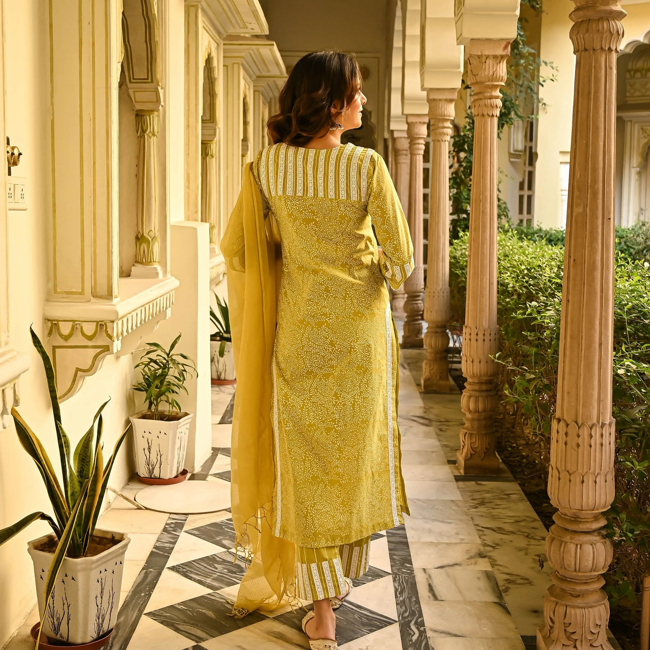 Malishka Women's Cotton Floral Printed Kurta Pant Set With Dupatta - Mustard - Distacart