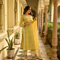 Thumbnail for Malishka Women's Cotton Floral Printed Kurta Pant Set With Dupatta - Mustard - Distacart
