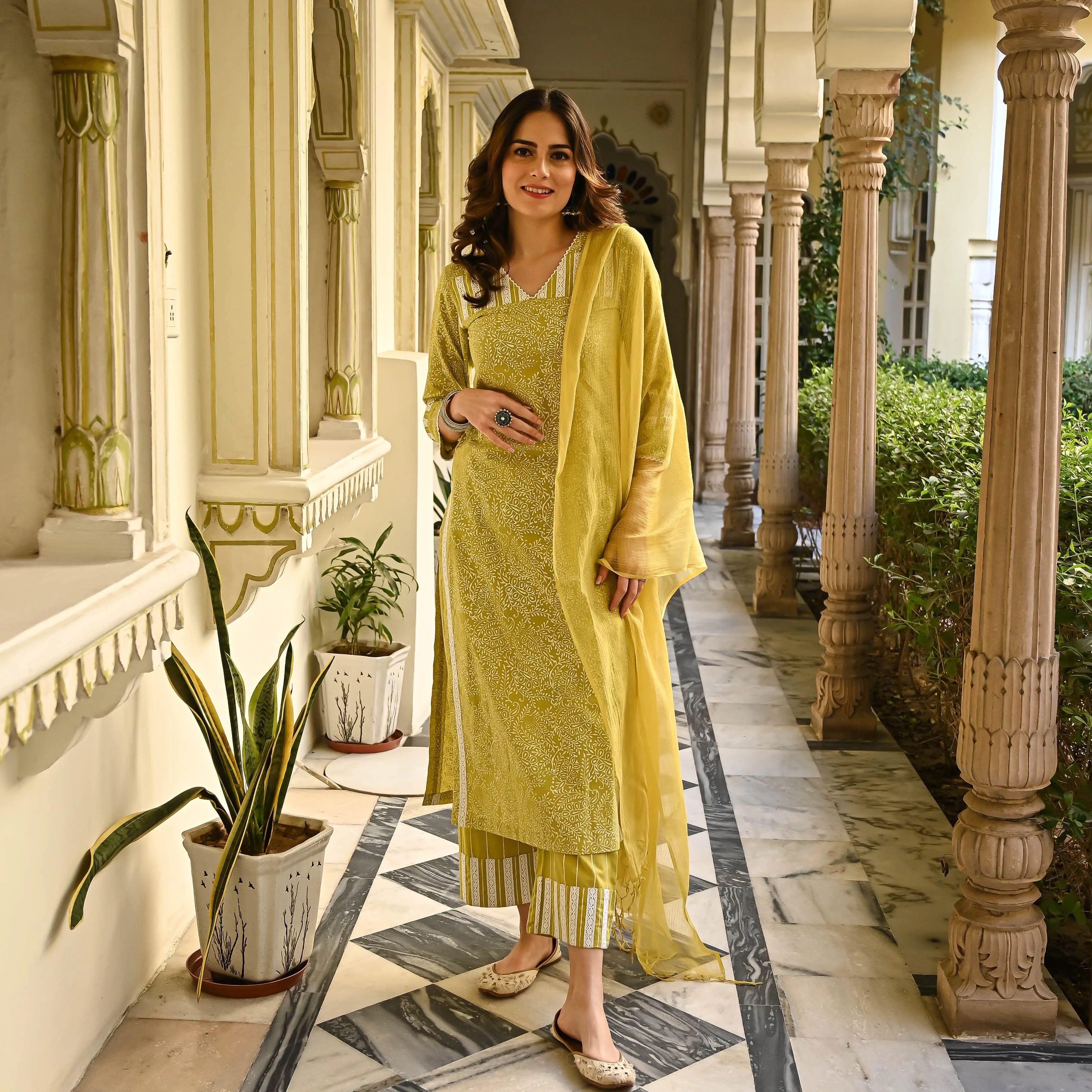 Malishka Women's Cotton Floral Printed Kurta Pant Set With Dupatta - Mustard - Distacart