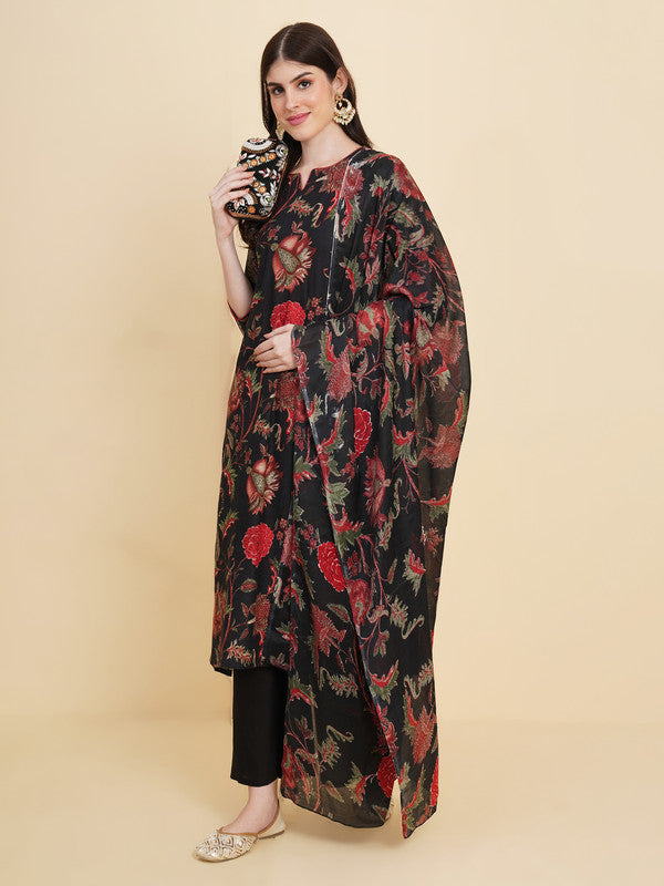 Malishka Women's Cotton Floral Printed Kurta Palazzo Set With Dupatta - Blue - Distacart