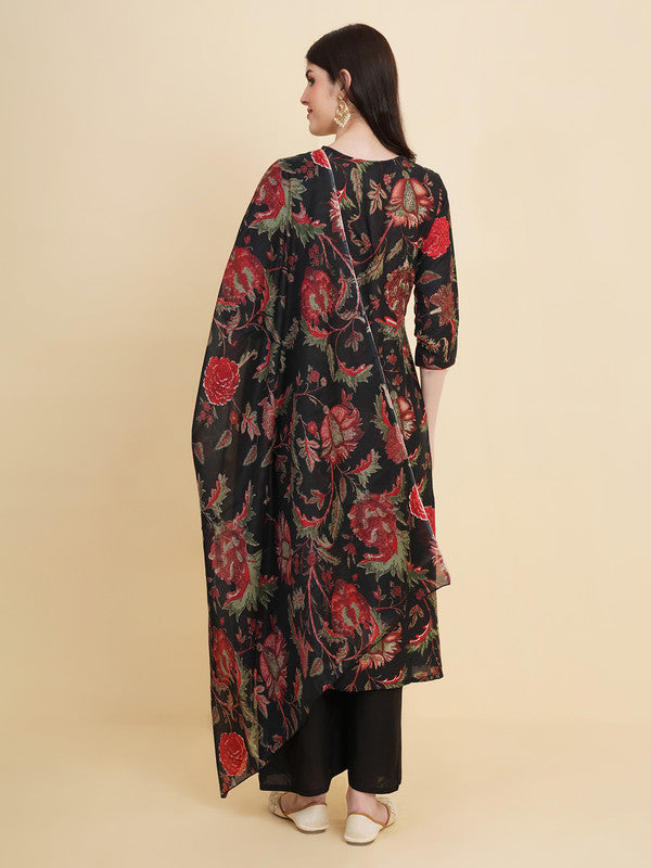 Malishka Women's Cotton Floral Printed Kurta Palazzo Set With Dupatta - Blue - Distacart