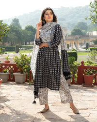 Thumbnail for Malishka Womens Black Cotton Printed Kurta and Pant Set with Dupatta - Black - Distacart