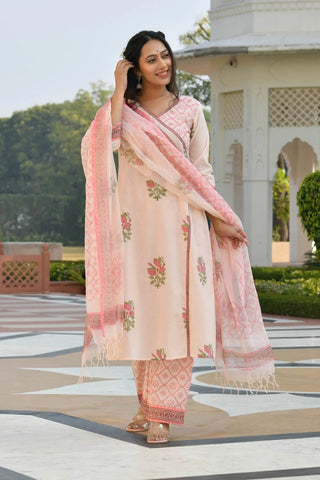 Malishka Women's Beige Cotton Floral Printed Kurta Palazzo Set With Dupatta - Pink - Distacart