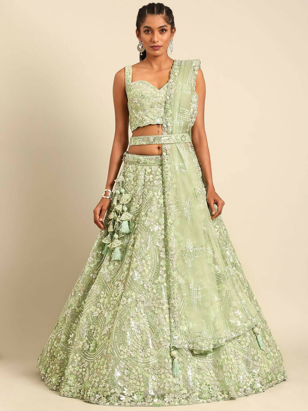 House of Panchhi Lime Green Net Sequins and Zarkan embroidery Lehenga choli & Dupatta - Distacart
