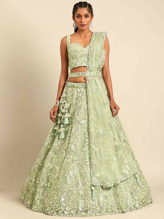House of Panchhi Lime Green Net Sequins and Zarkan embroidery Lehenga choli & Dupatta - Distacart