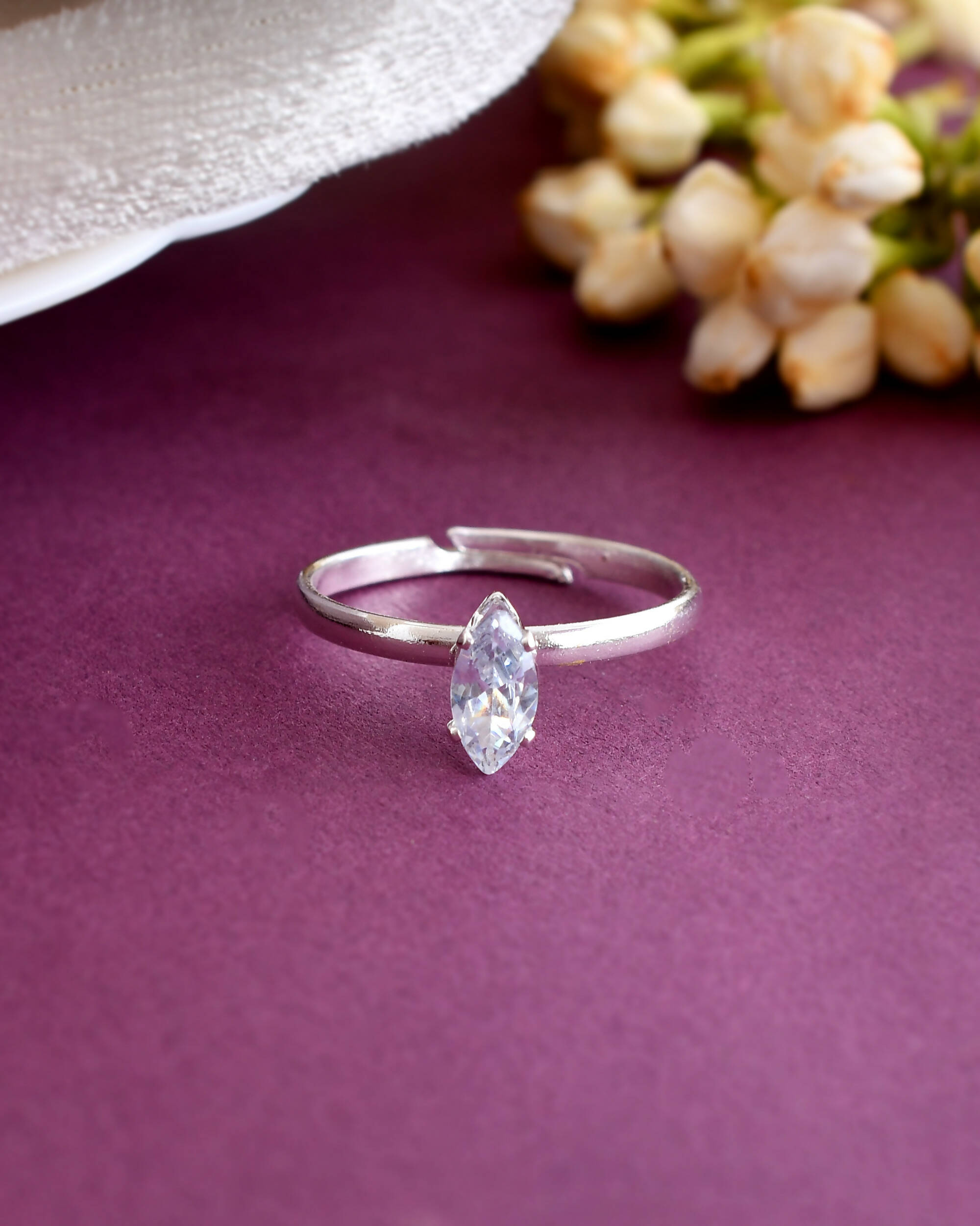 VOJ white CZ-detail Stainless Steel Cubic Zirconia Silver Plated adjustable finger Ring - Distacart