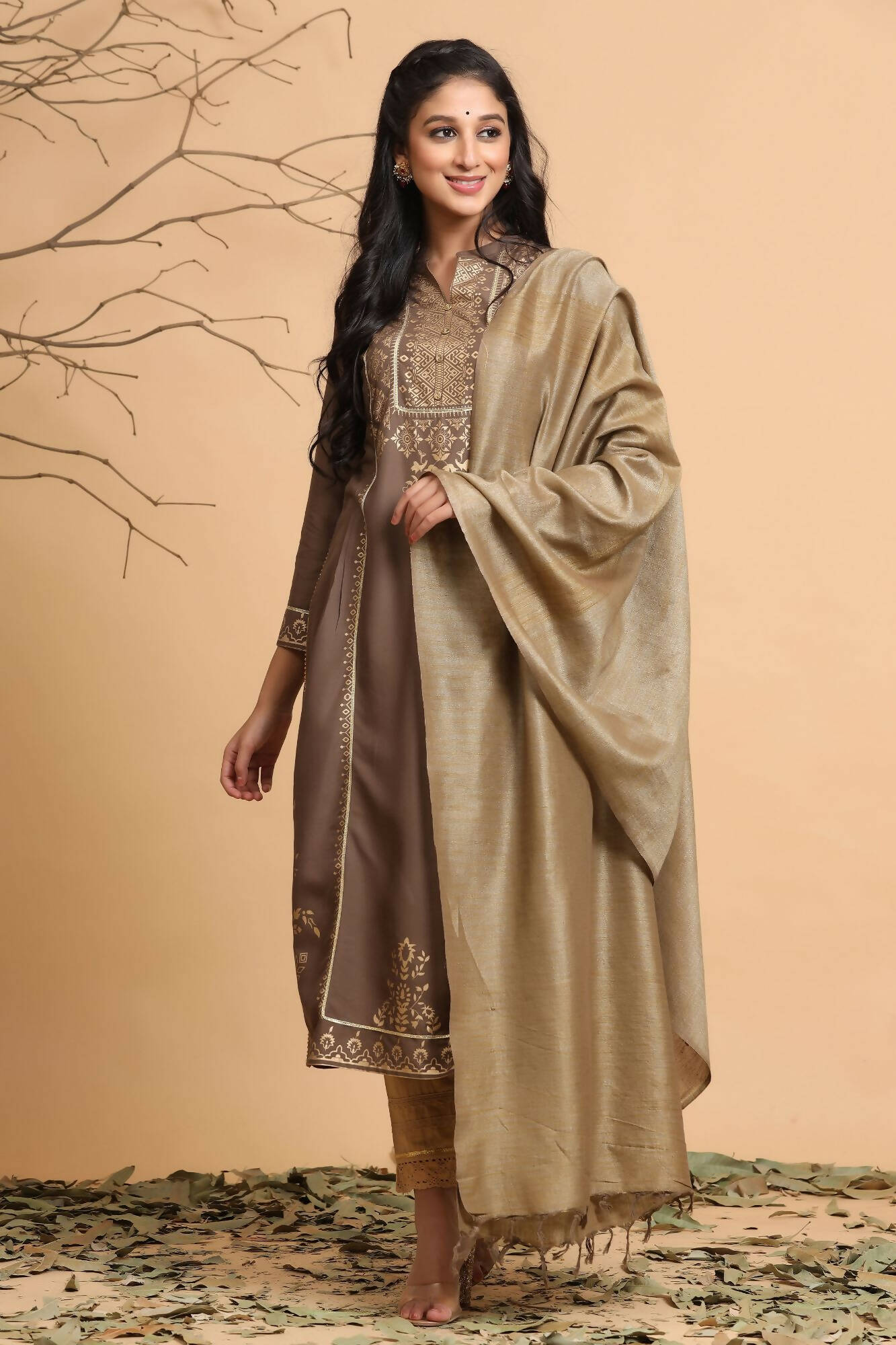 Juniper Women's Brown Rayon Printed Straight Kurta Set - Distacart