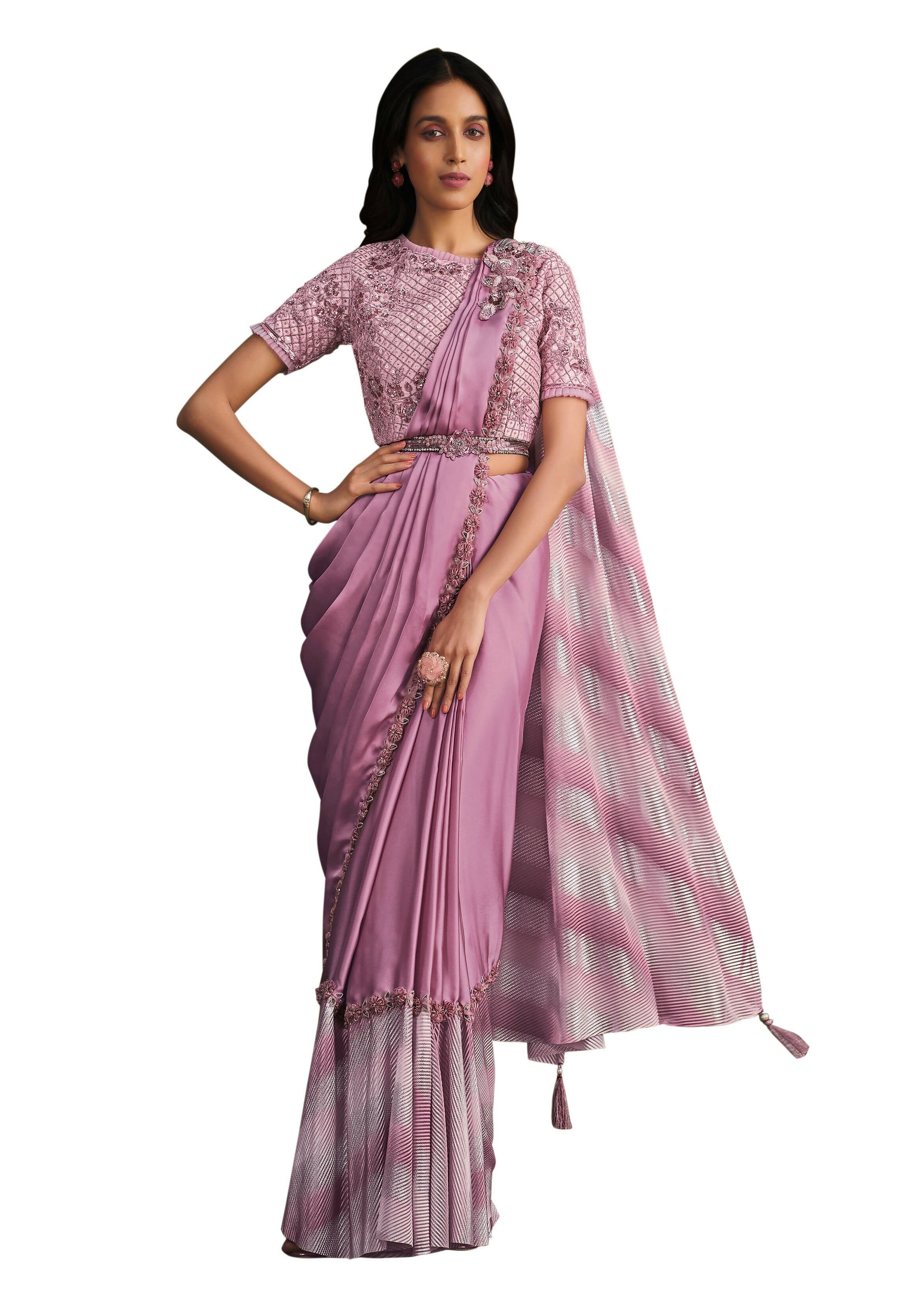 Light Purple Satin Silk Sequence Embroidered Saree With Stitched Blouse - Mohmanthan La Belle - Distacart