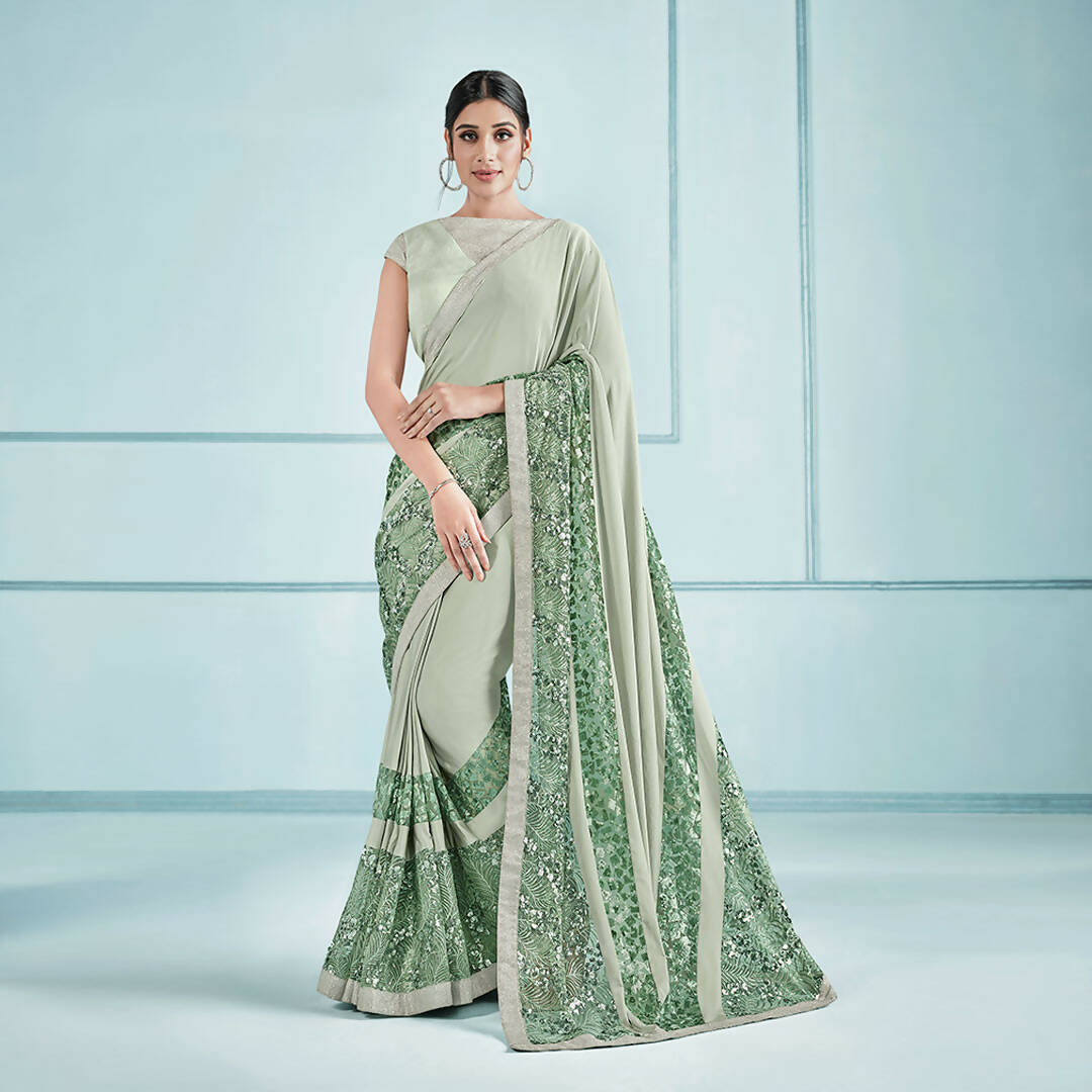 Sea Green Lycra Embroidery Saree with Unstitched Blouse Piece - Norita Elaura - Distacart