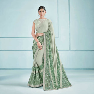 Sea Green Lycra Embroidery Saree with Unstitched Blouse Piece - Norita Elaura - Distacart