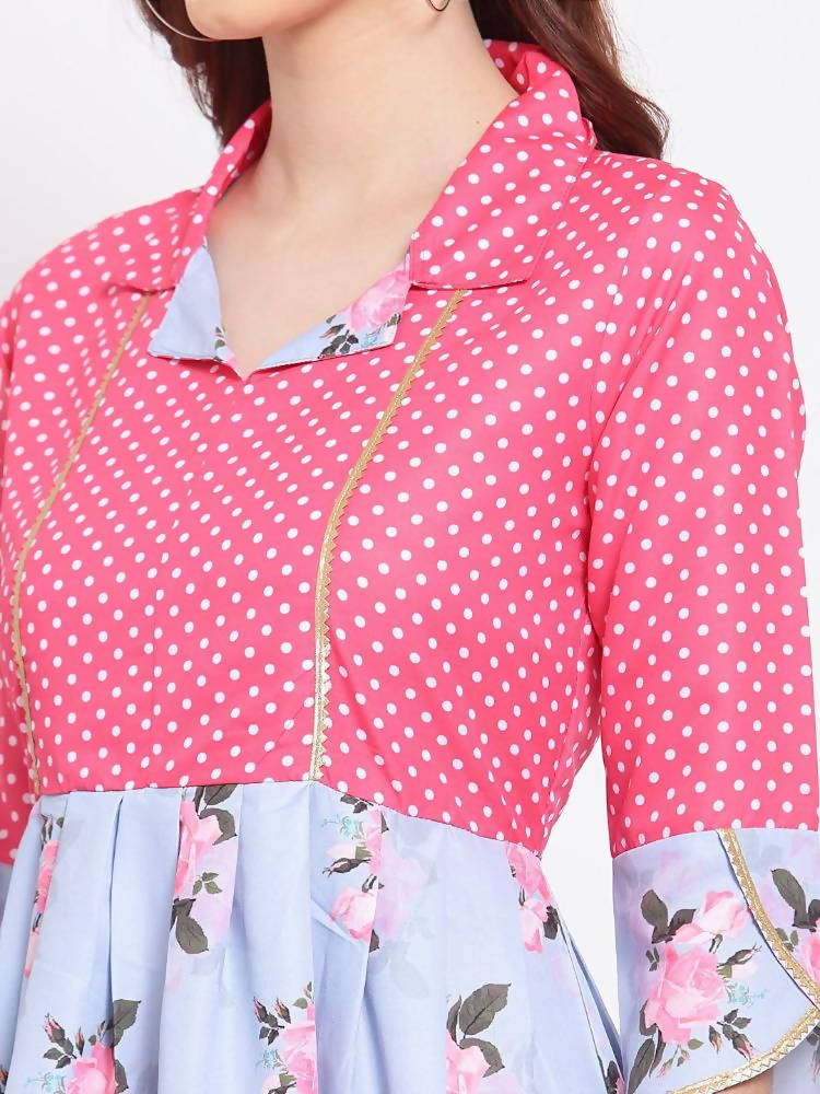 Myshka Women's Multi Printed Cotton Blend 3/4 Sleeve Shirt Coller Casual Dress