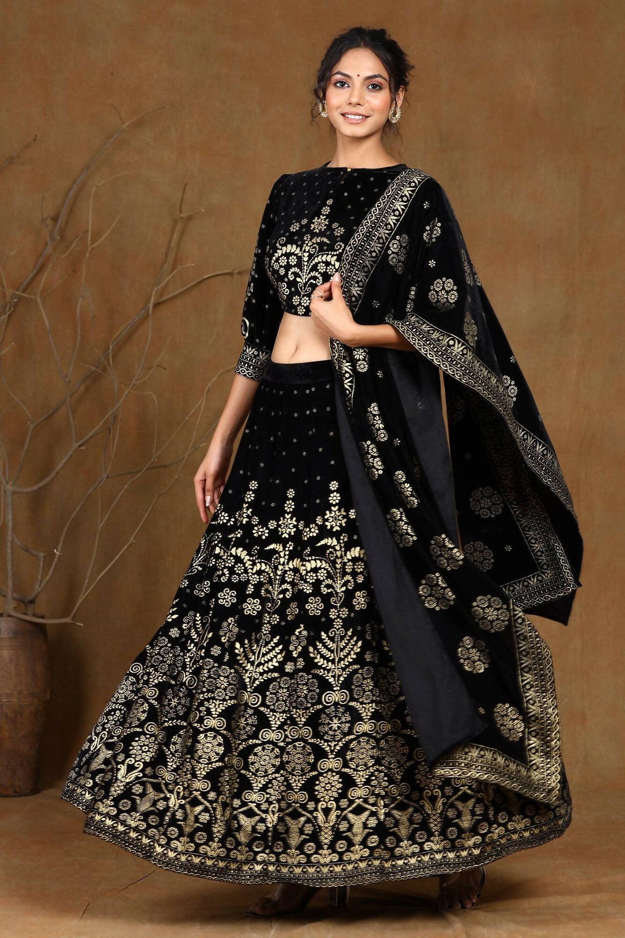 Buy Juniper Women Black Velvet Printed Flared Lehenga Choli Sets Online at Best Price Distacart