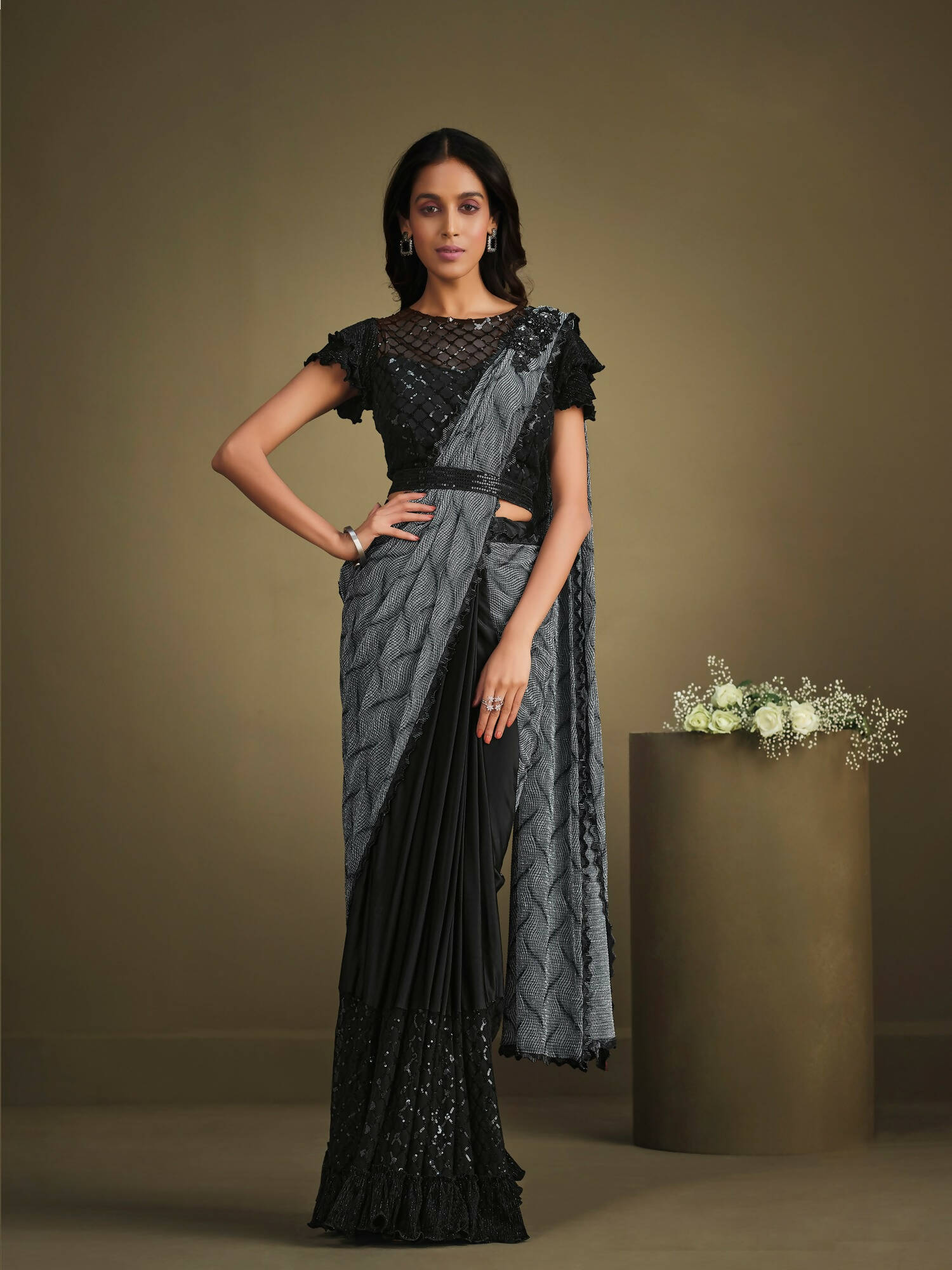 Grey & Black Crystal Crepe Sequence Embroidered Withtexture Saree With Stitched Blouse - Mohmanthan La Belle - Distacart