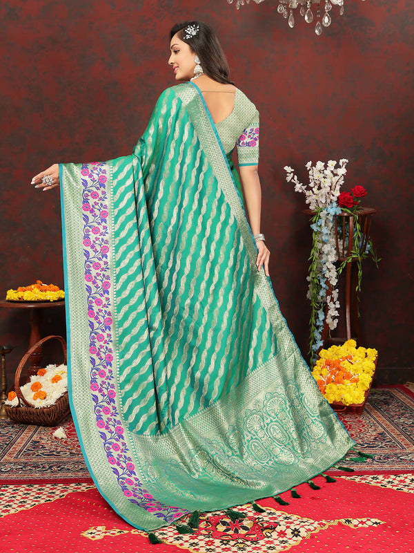 Lorenvalley Fashion Teal Soft Silk Woven Design with Zari Weaving Leheriya Design Saree - Distacart