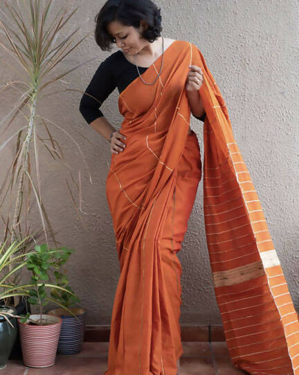Exclusive Collection Khadi Cotton Handloom Khesh Saree With Blouse Piece - Orange - Distacart