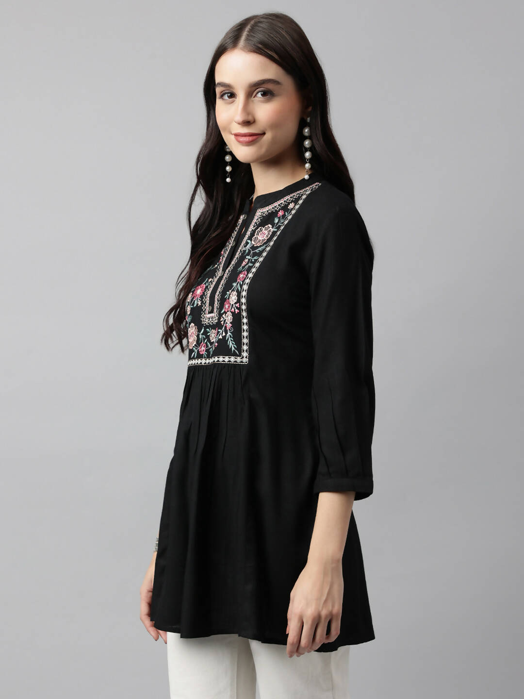 Black Rayon Yoke Embroidered A-line Top - Tarini - Distacart