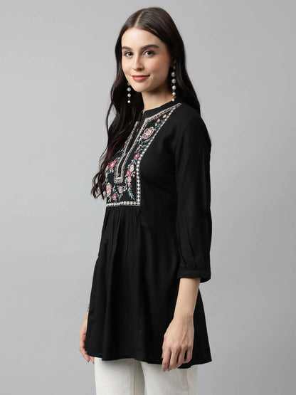 Black Rayon Yoke Embroidered A-line Top - Tarini - Distacart