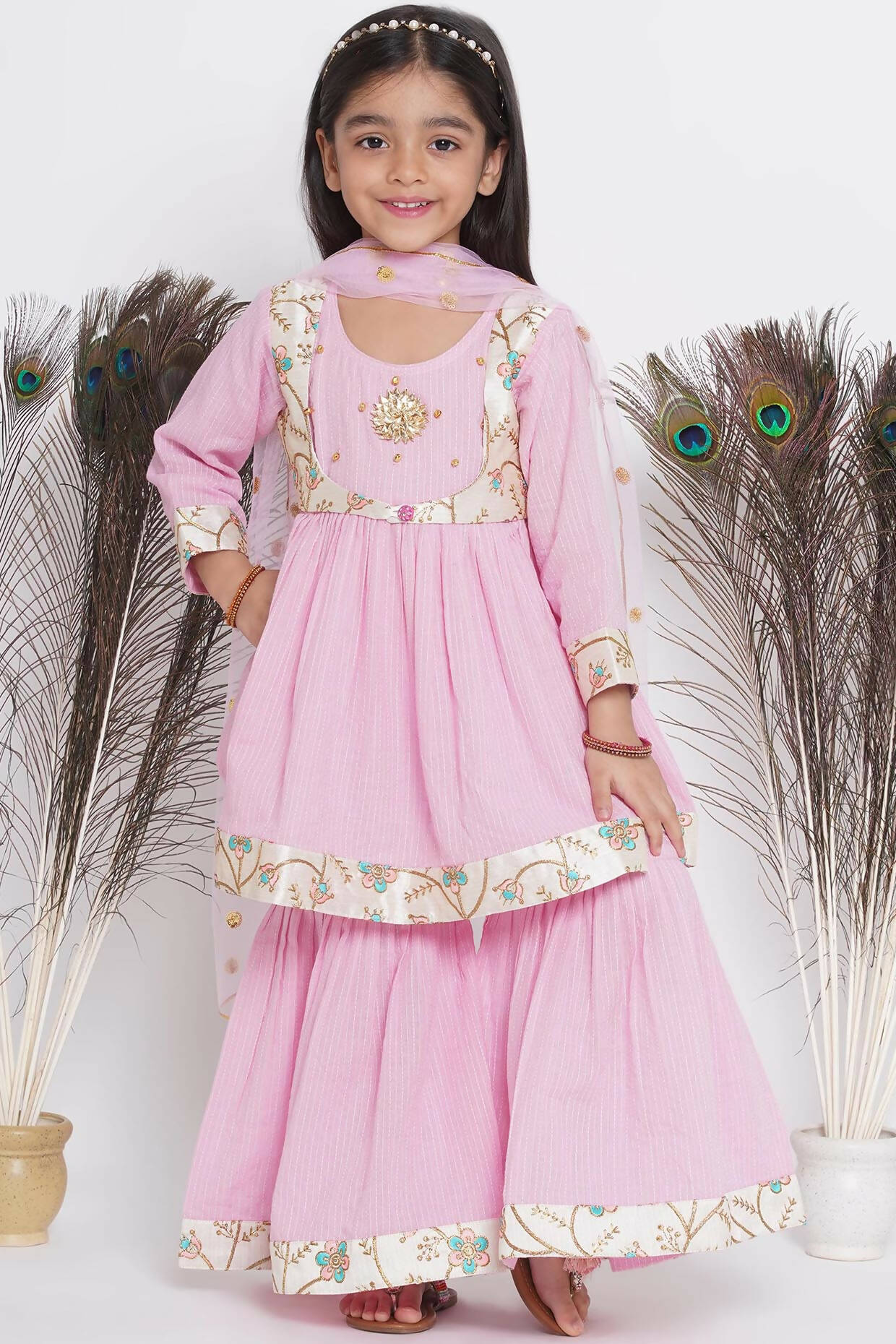 Little Bansi Floral Embroidery Jacket With Cotton Kantha Frock Sharara And Dupatta With Ghungroo Handwork - Pink - Distacart