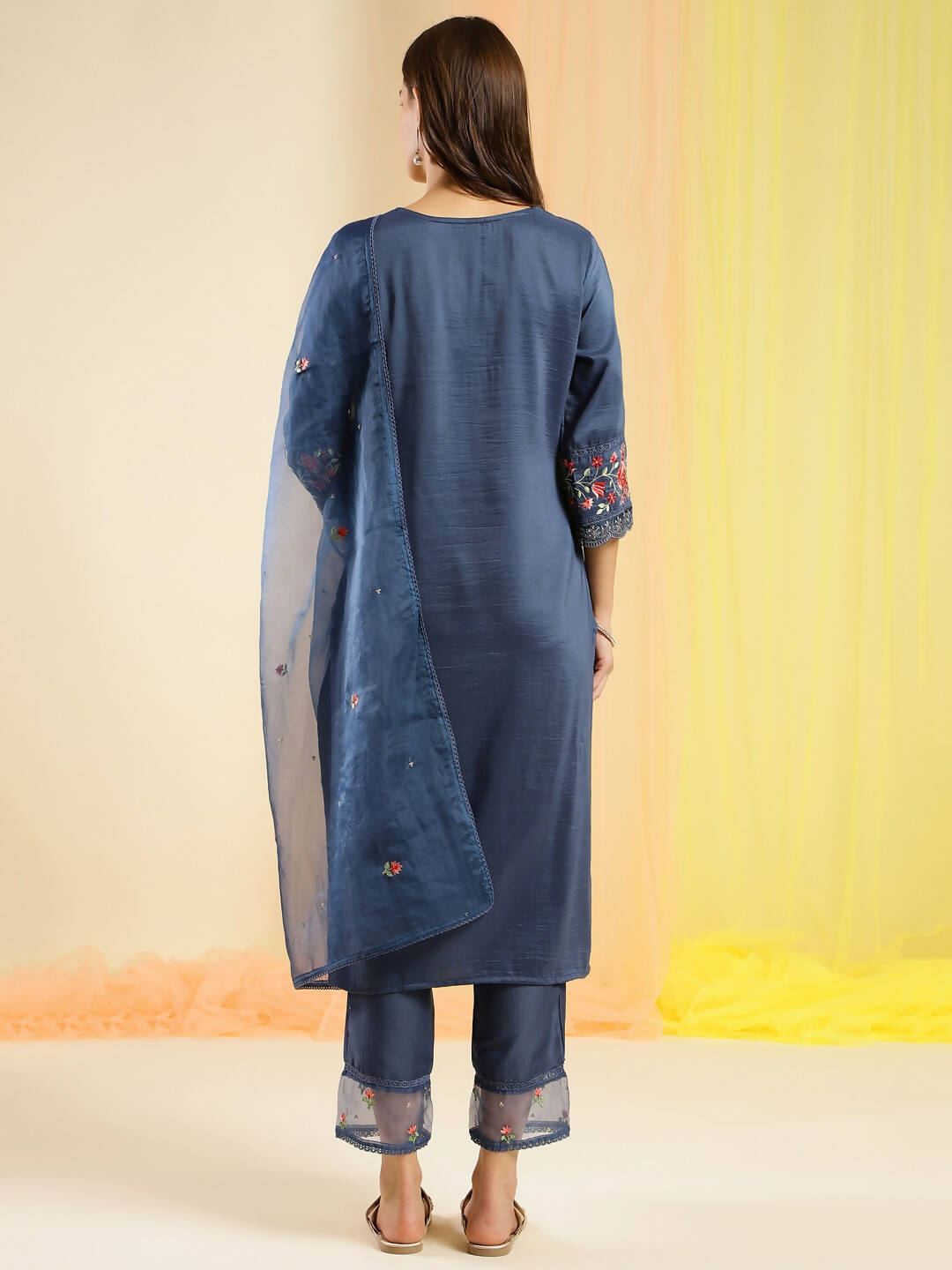 Navy Blue Chinon Embroidered Straight Kurta with Trouser & Dupatta - Salimar - Distacart
