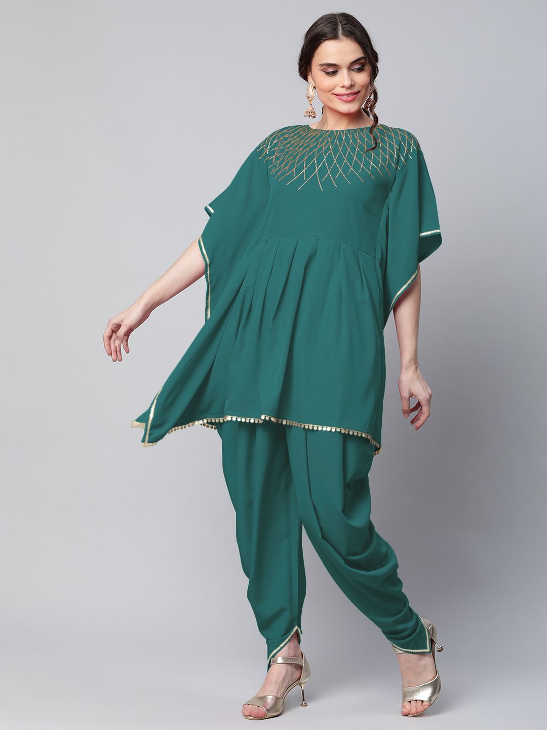Ahalyaa Women Dark Green Crepe Glitter Printed Kurta with Dhoti Pants - Distacart