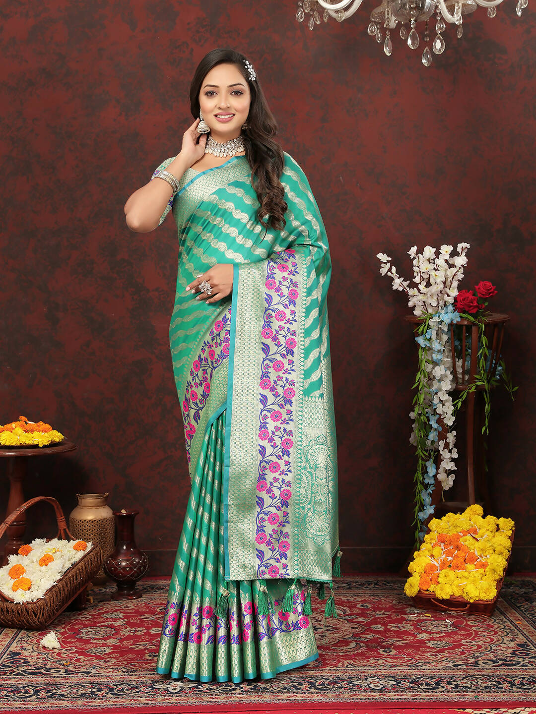 Lorenvalley Fashion Teal Soft Silk Woven Design with Zari Weaving Leheriya Design Saree - Distacart