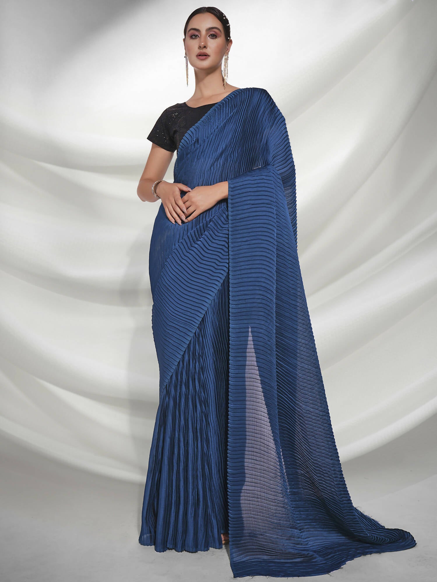 Teal Georgette Solid Texture Saree With Unstitched Blouse Piece - Rajal - Distacart