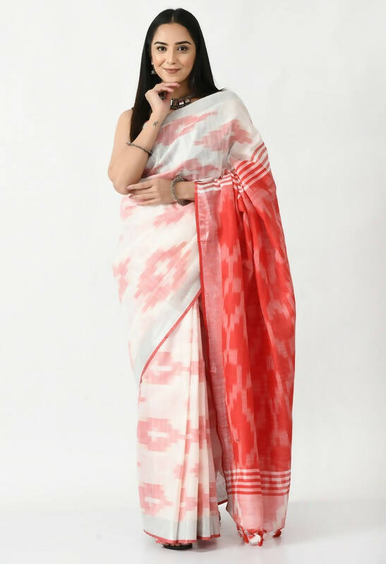 Mominos Fashion Moeza White & Red Bhagalpuri Handloom Ikat Pure Cotton Saree with unstitched Blouse piece - Distacart
