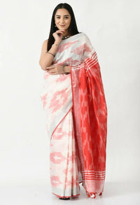 Thumbnail for Mominos Fashion Moeza White & Red Bhagalpuri Handloom Ikat Pure Cotton Saree with unstitched Blouse piece - Distacart