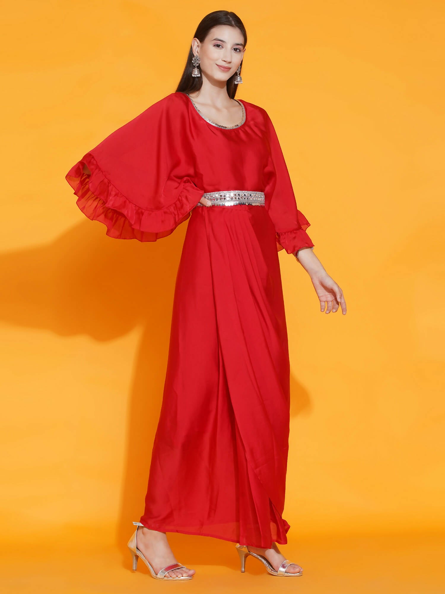 Women Republic Red Georgette Gown With Embellished Belt - Distacart