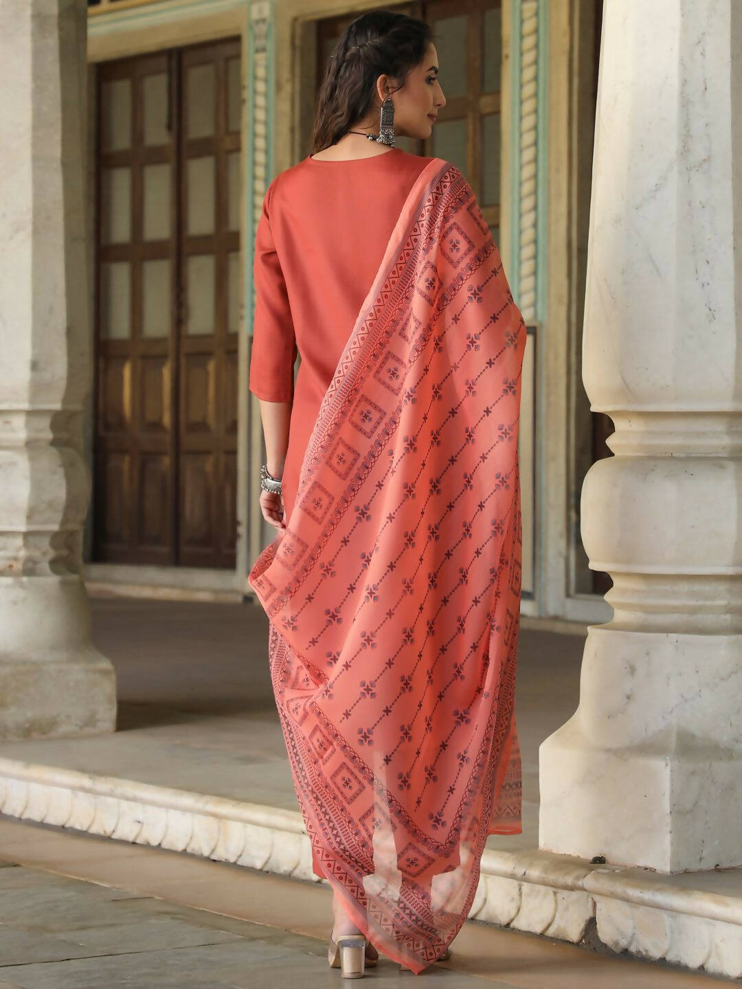 Juniper Women's Rust Silk Solid Embroidered Kurta Set - Distacart