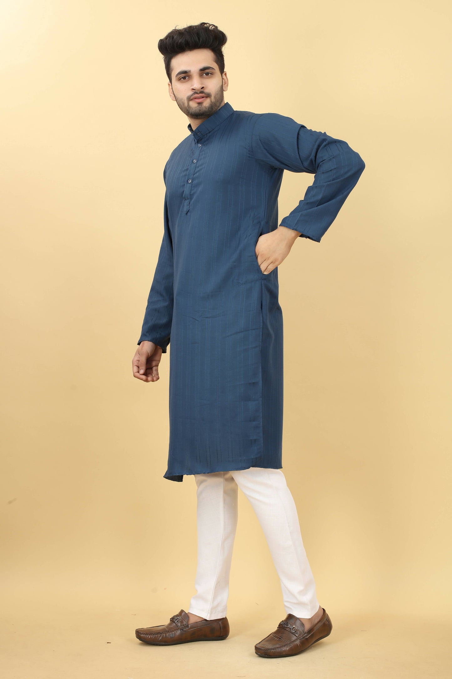 Blue Viscose Polyester Solid Men's Kurta - Mahotsav - Distacart