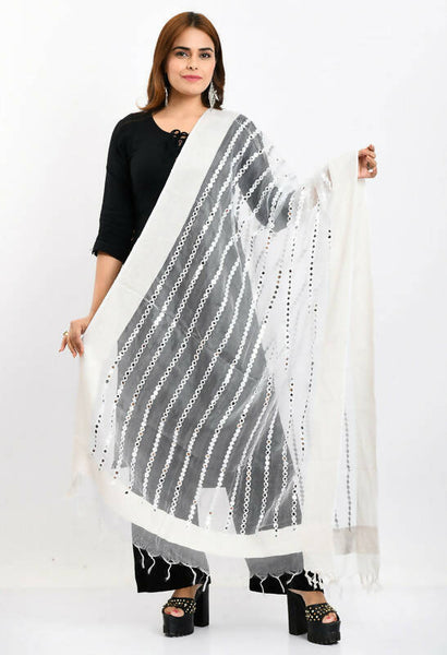 Mominos Fashion Moeza Women's Orgenza Mirror Stripe Thread Work White Dupatta - Distacart