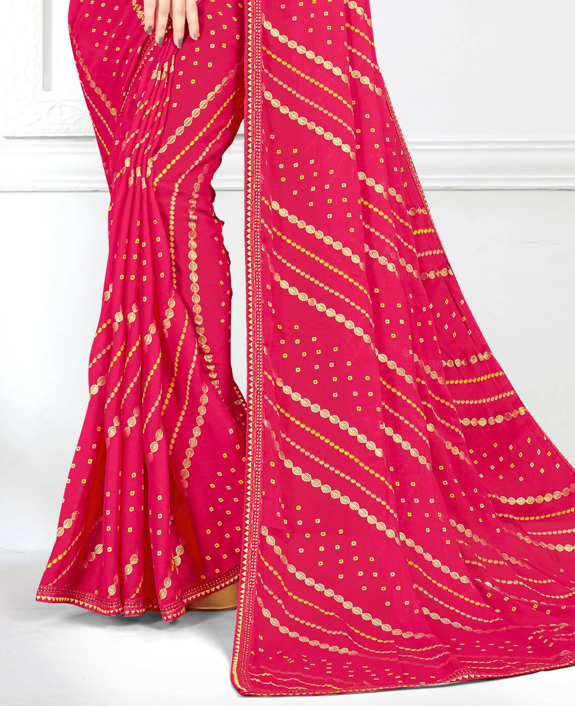 Pink Georgette Bandhani Printed Saree With Unstitched Blouse Piece - Jyoti - Distacart