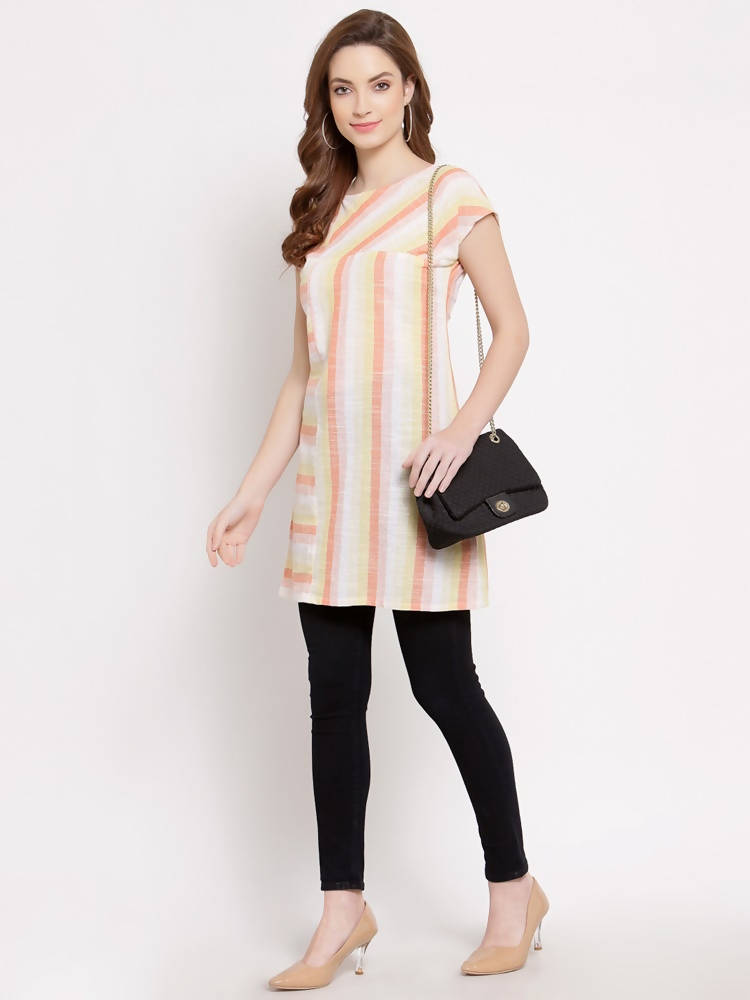 Myshka Women's Yellow Cotton Short Sleeve Round Neck Printed Casual Top