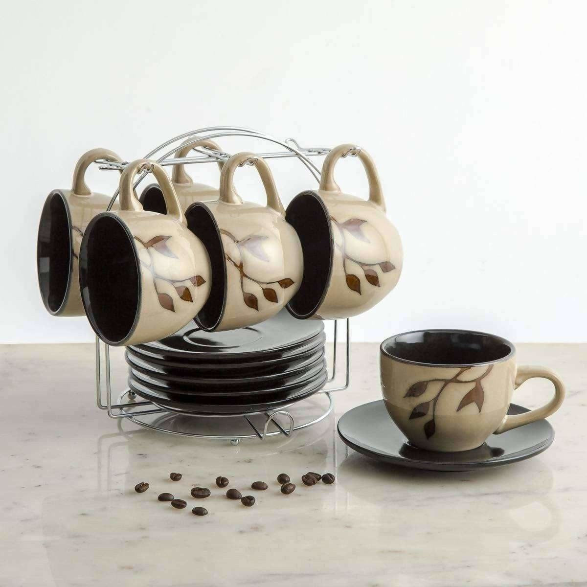 Home Centre Caraway Cup and Saucer- Set of 13 Pcs - 220 ml - Brown - Distacart