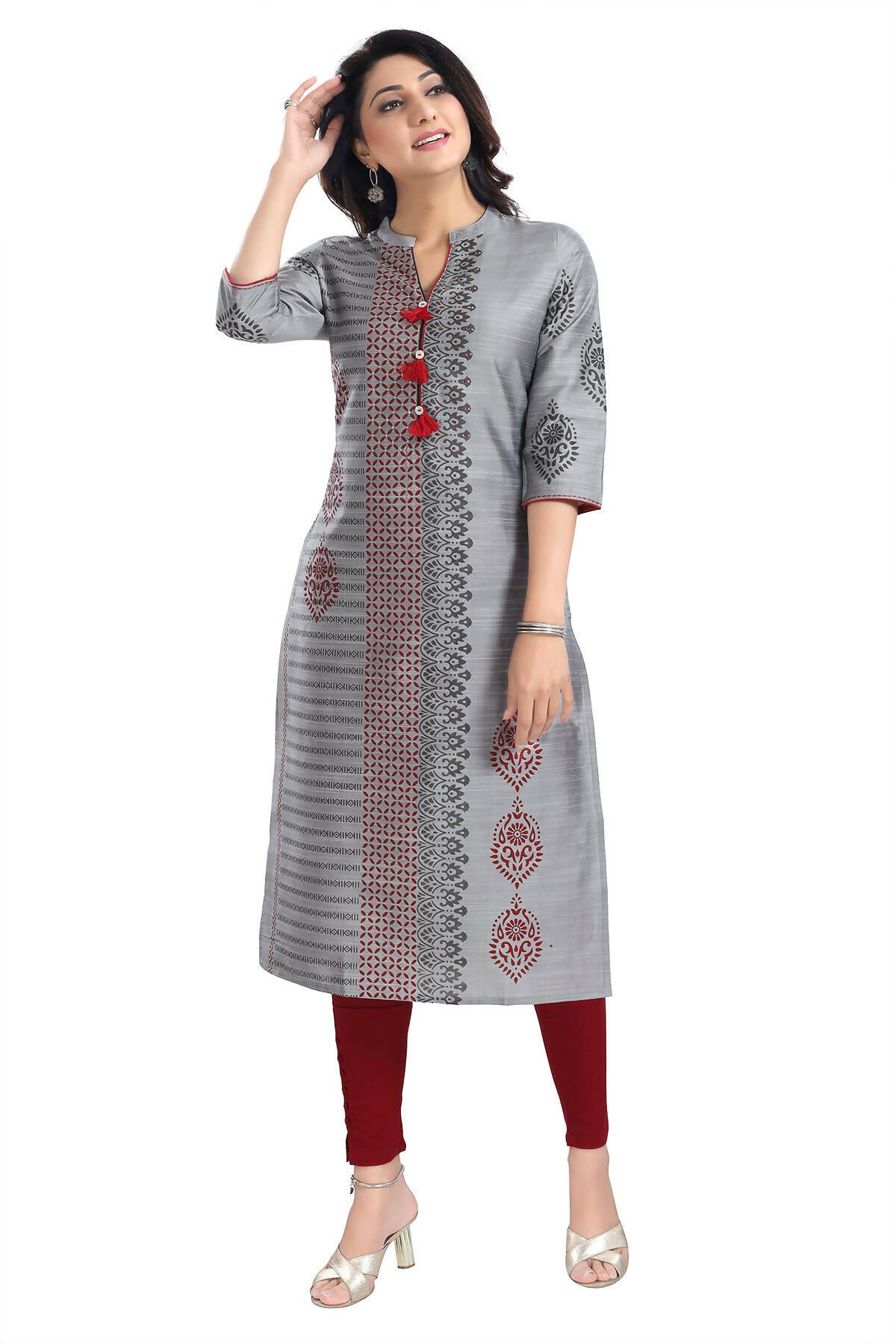Snehal Creations Grey Raw Silk Block Print Long Kurta For Women - Distacart