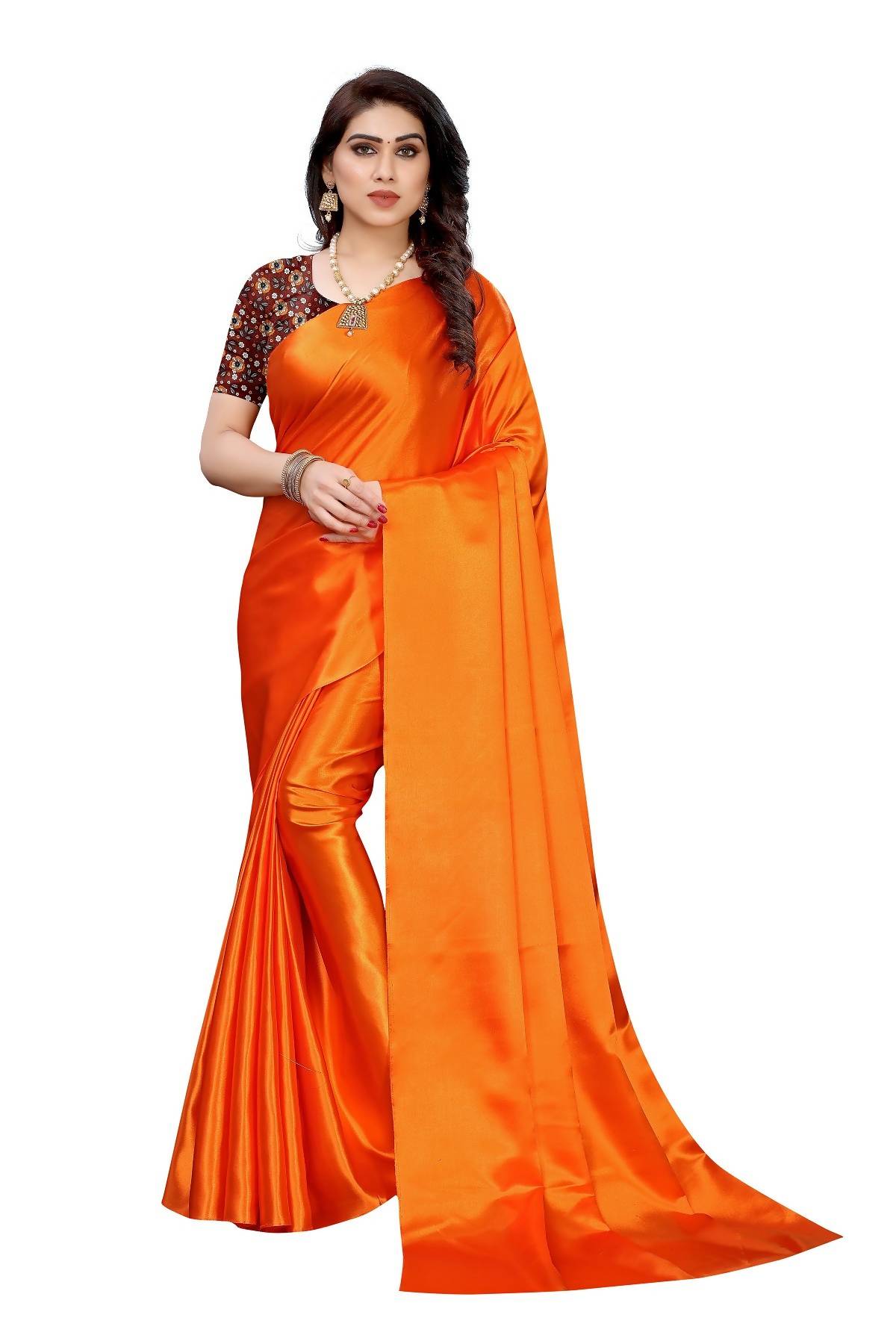 Vamika Plain Orange Satin Saree (SATIN GLORY ORANGE) - Distacart