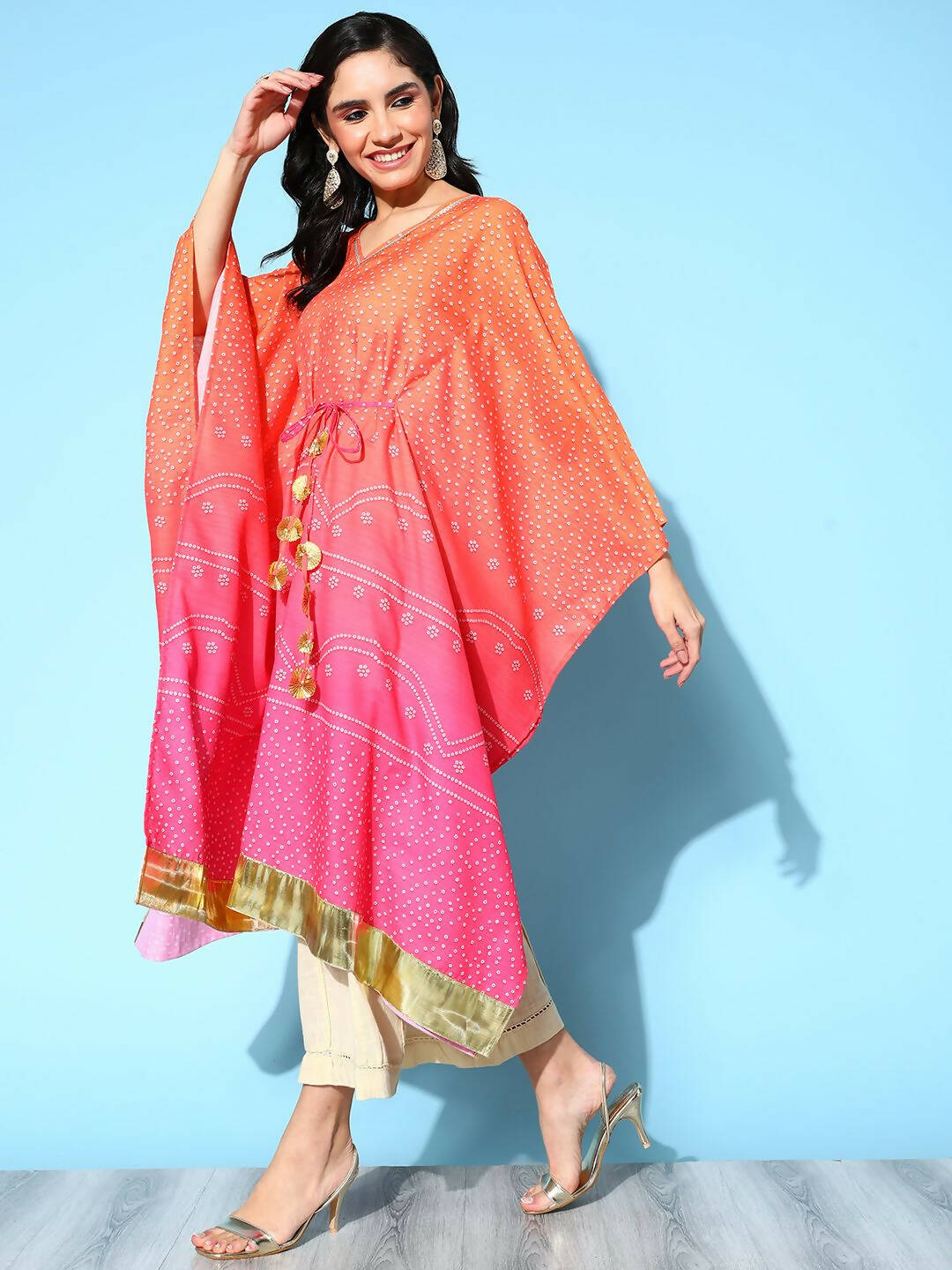 Ahalyaa Women's Orange Cotton Blend Printed Kaftan Kurta - Distacart