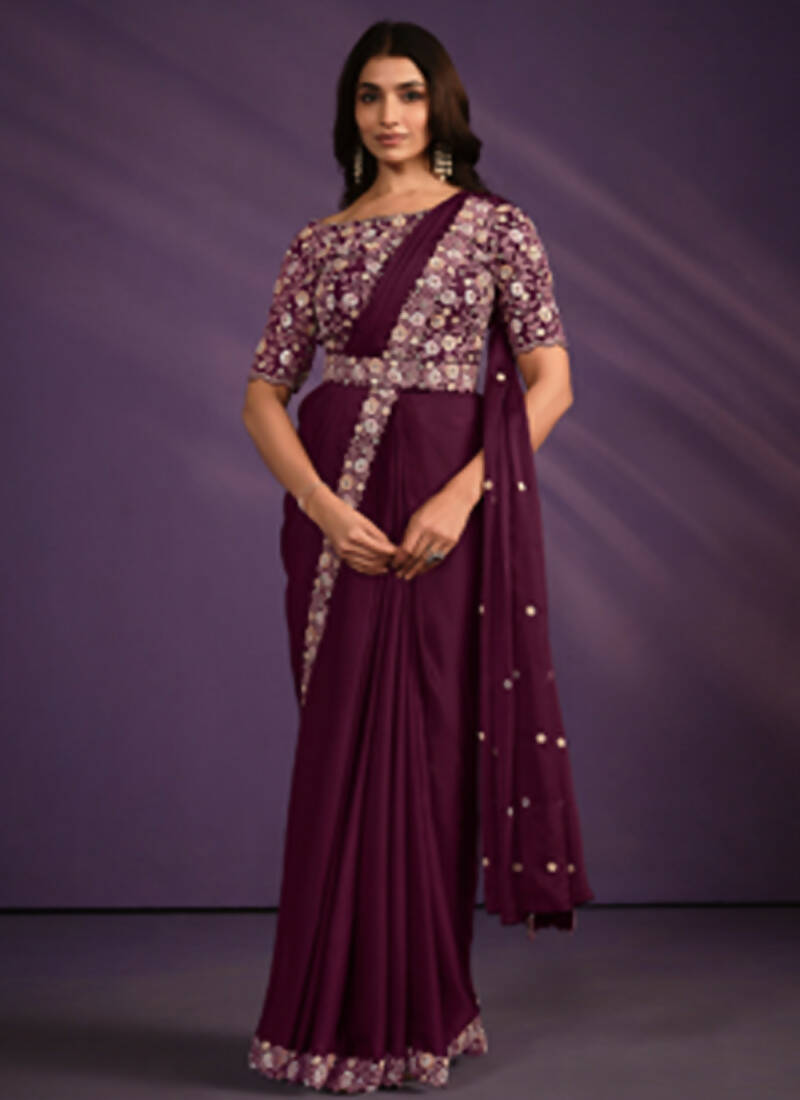 Wine Crepe Satin Silk Embroidered Saree With Stitched Blouse - Mohmanthan Exotica - Distacart