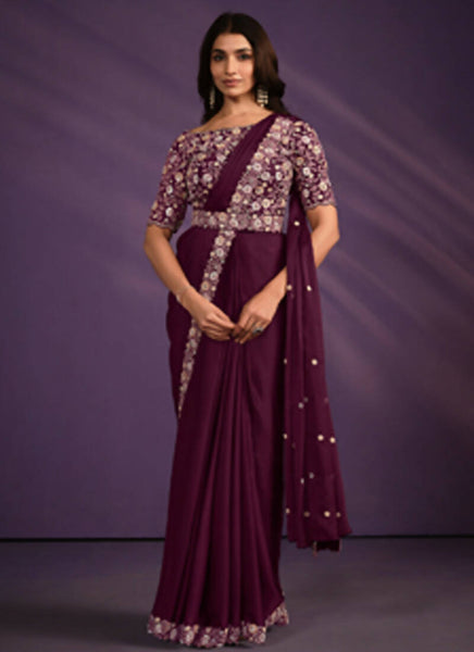Wine Crepe Satin Silk Embroidered Saree With Stitched Blouse - Mohmanthan Exotica - Distacart